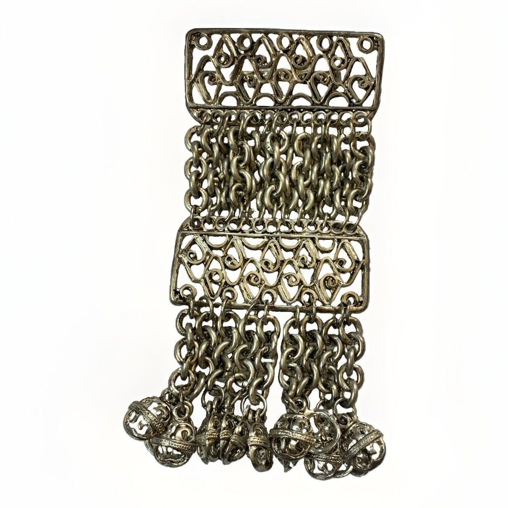 Vintage Silver Tone Dangle Fringe Brooch Pin Filigree Cha Cha Tassel 4"